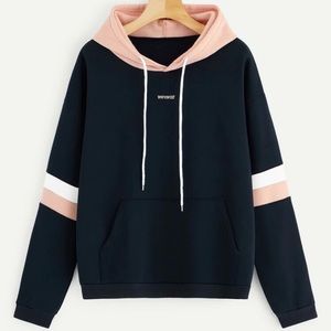 SHEIN Letter Embroidered Contrast Striped Hoodie